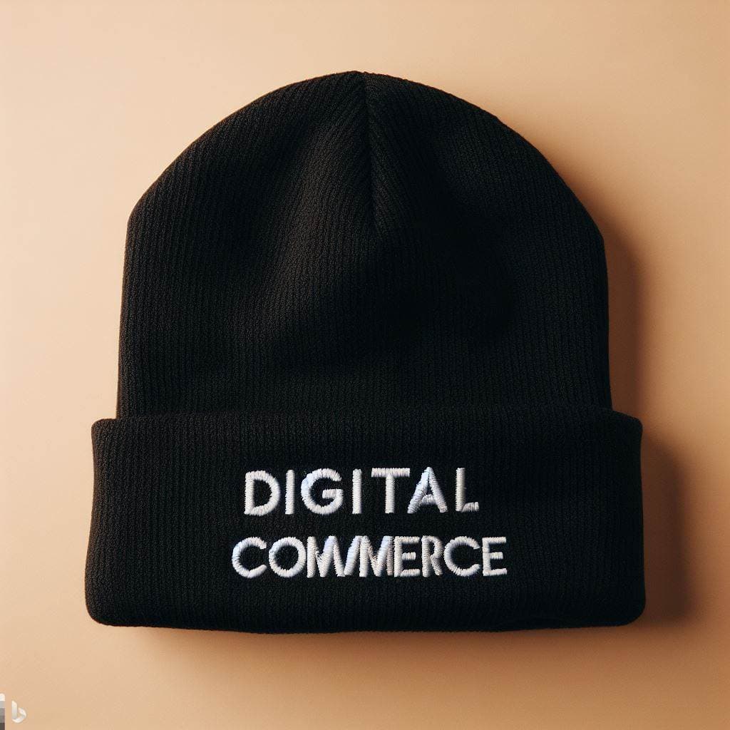 An image of a black beanie that is embroidered with the word digital.